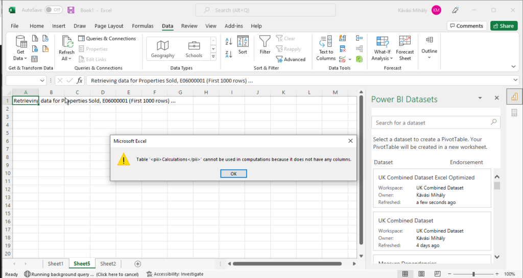 No data shown - measure table is empty